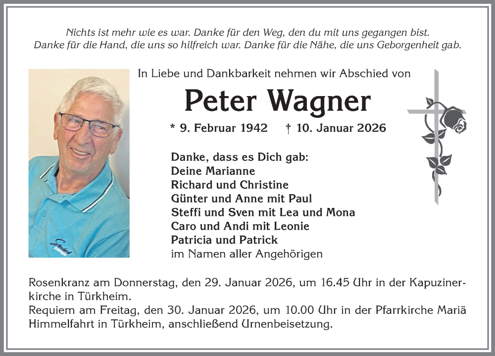  Traueranzeige für Peter Wagner vom 24.01.2026 aus Mindelheimer Zeitung