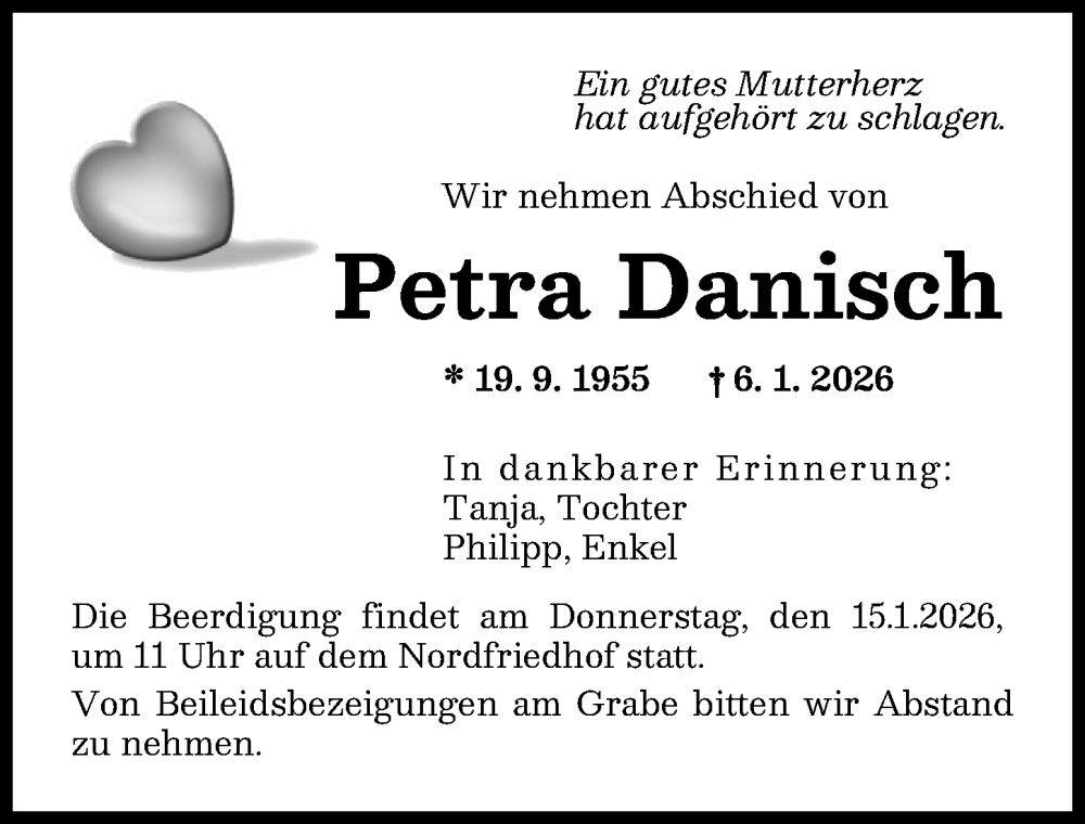  Traueranzeige für Petra Danisch vom 10.01.2026 aus Augsburger Allgemeine