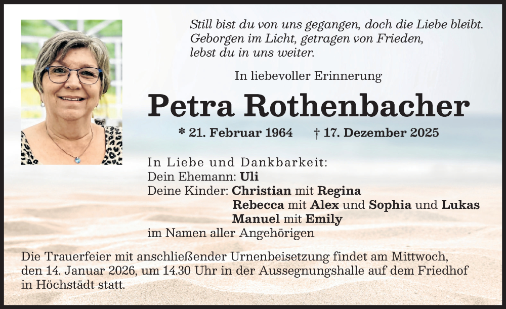  Traueranzeige für Petra Rothenbacher vom 12.01.2026 aus Donau Zeitung