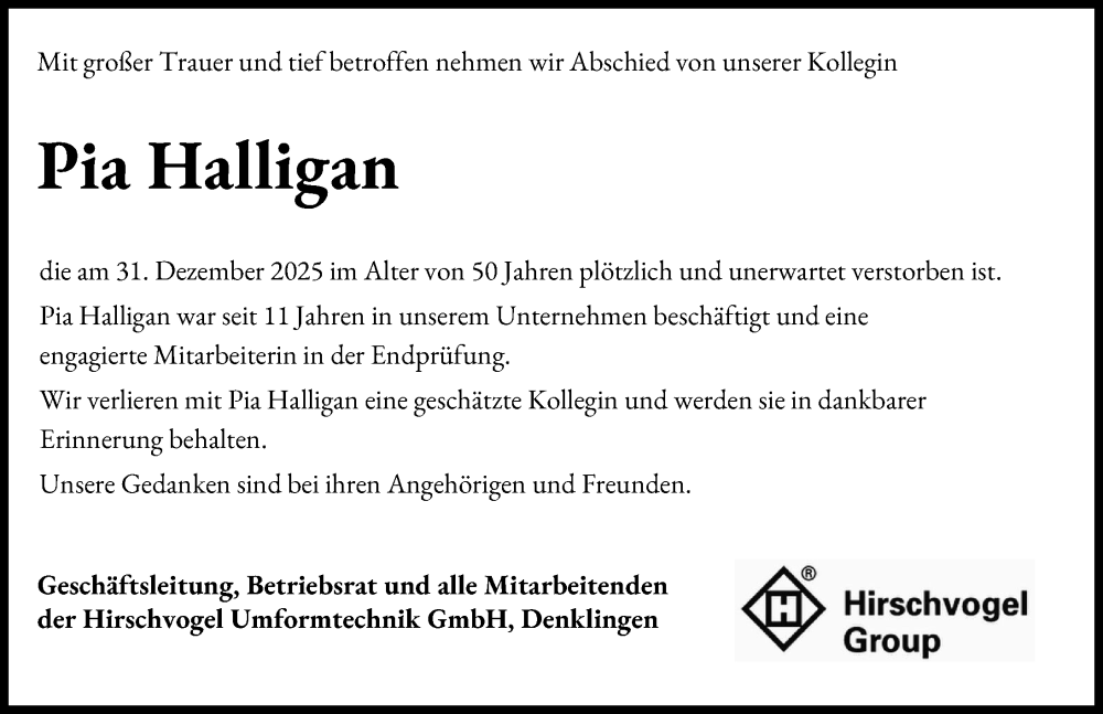 Traueranzeige für Pia Halligan vom 31.01.2026 aus Landsberger Tagblatt