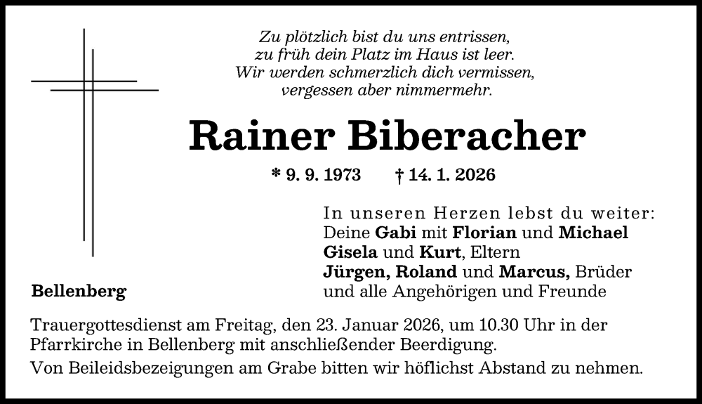  Traueranzeige für Rainer Biberacher vom 20.01.2026 aus Neu-Ulmer Zeitung, Illertisser Zeitung