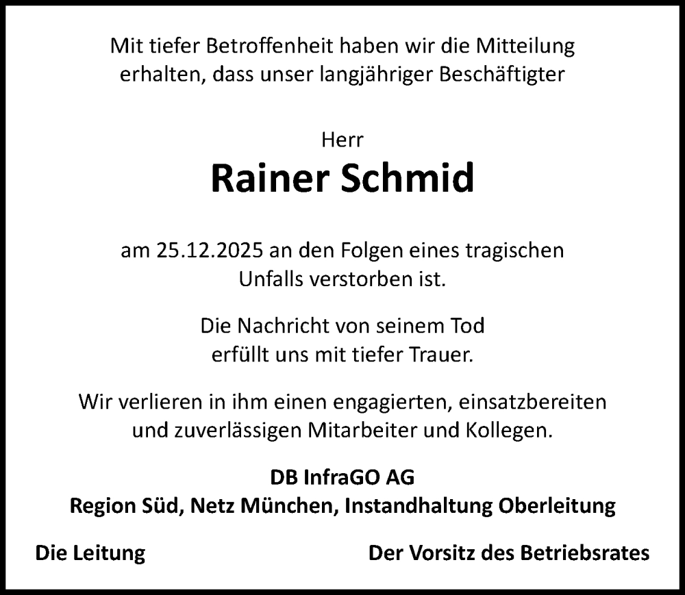  Traueranzeige für Rainer Schmid vom 14.01.2026 aus Augsburger Allgemeine