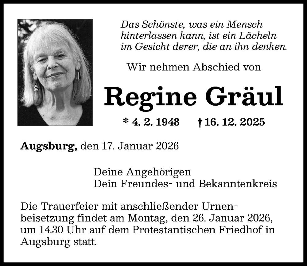  Traueranzeige für Regine Gräul vom 17.01.2026 aus Augsburger Allgemeine
