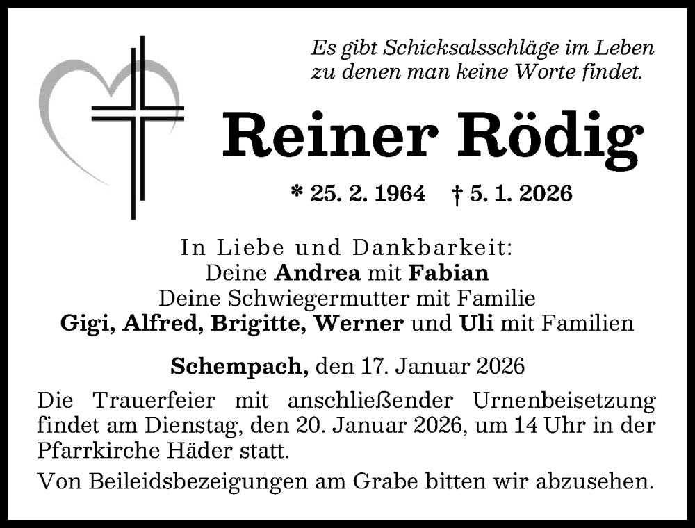  Traueranzeige für Reiner Rödig vom 17.01.2026 aus Augsburg-Land