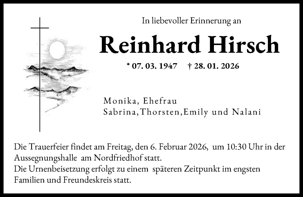  Traueranzeige für Reinhard Hirsch vom 31.01.2026 aus Augsburger Allgemeine