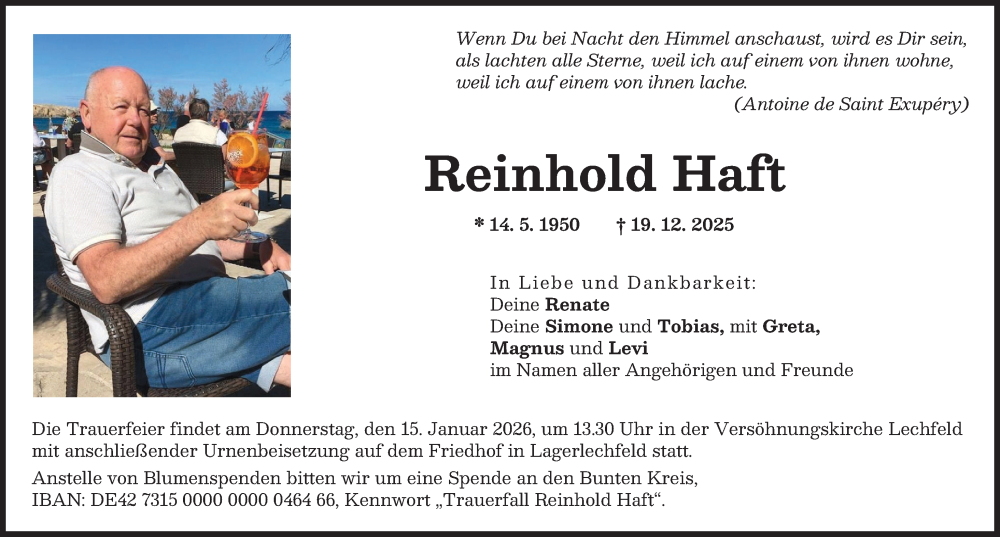Traueranzeige von Reinhold Haft von Schwabmünchner Allgemeine