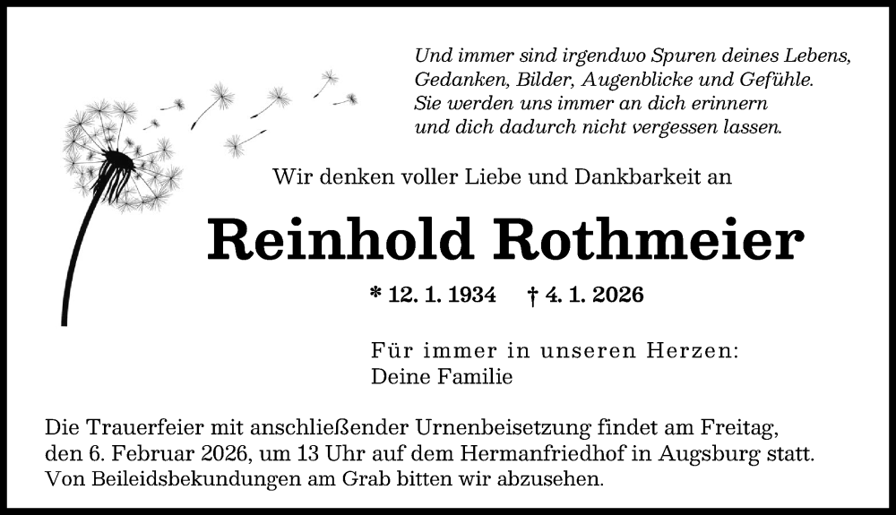  Traueranzeige für Reinhold Rothmeier vom 31.01.2026 aus Augsburger Allgemeine