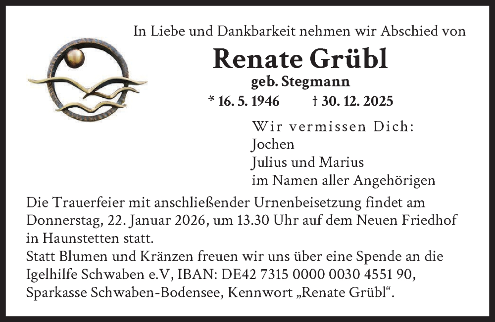  Traueranzeige für Renate Grübl vom 17.01.2026 aus Augsburger Allgemeine