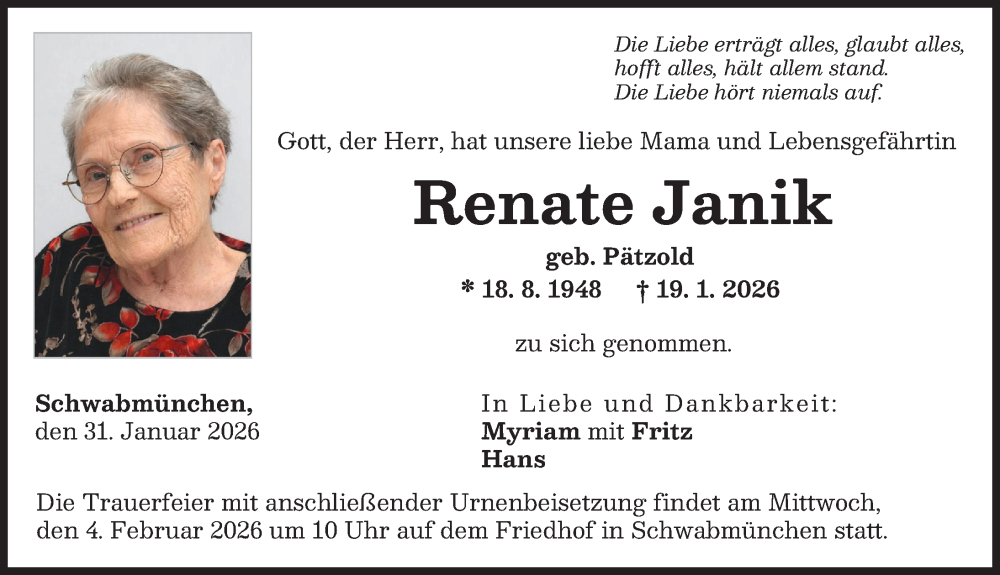  Traueranzeige für Renate Janik vom 31.01.2026 aus Schwabmünchner Allgemeine