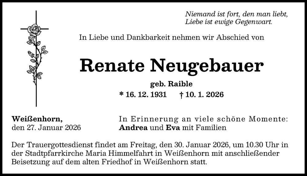  Traueranzeige für Renate Neugebauer vom 27.01.2026 aus Neu-Ulmer Zeitung