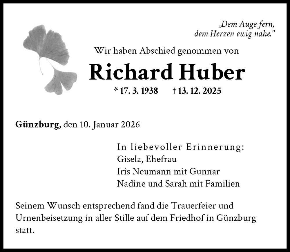 Traueranzeige von Richard Huber von Günzburger Zeitung