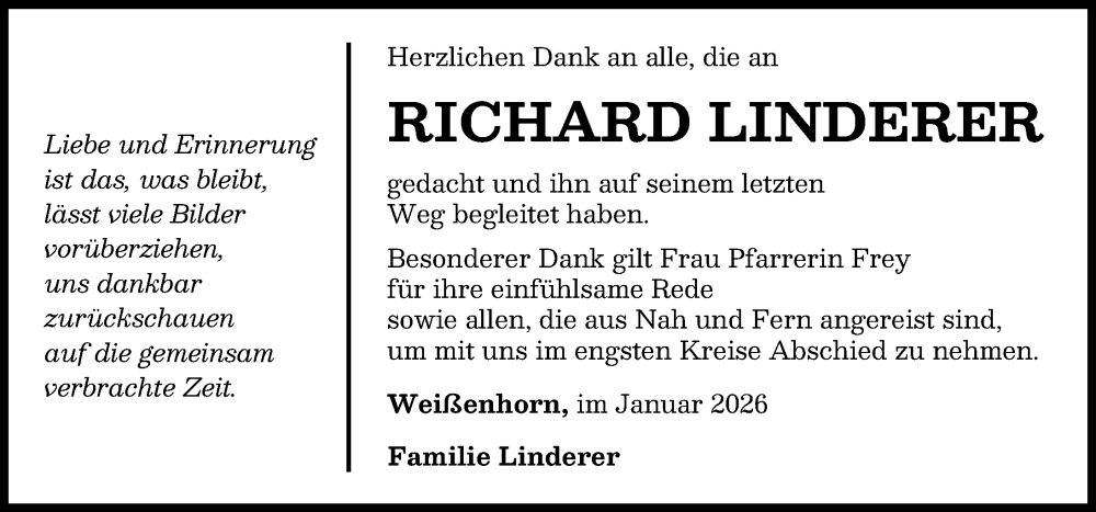  Traueranzeige für Richard Linderer vom 17.01.2026 aus Neu-Ulmer Zeitung
