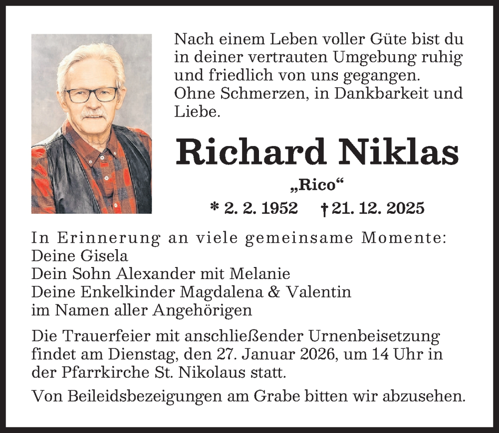  Traueranzeige für Richard Niklas vom 17.01.2026 aus Augsburger Allgemeine