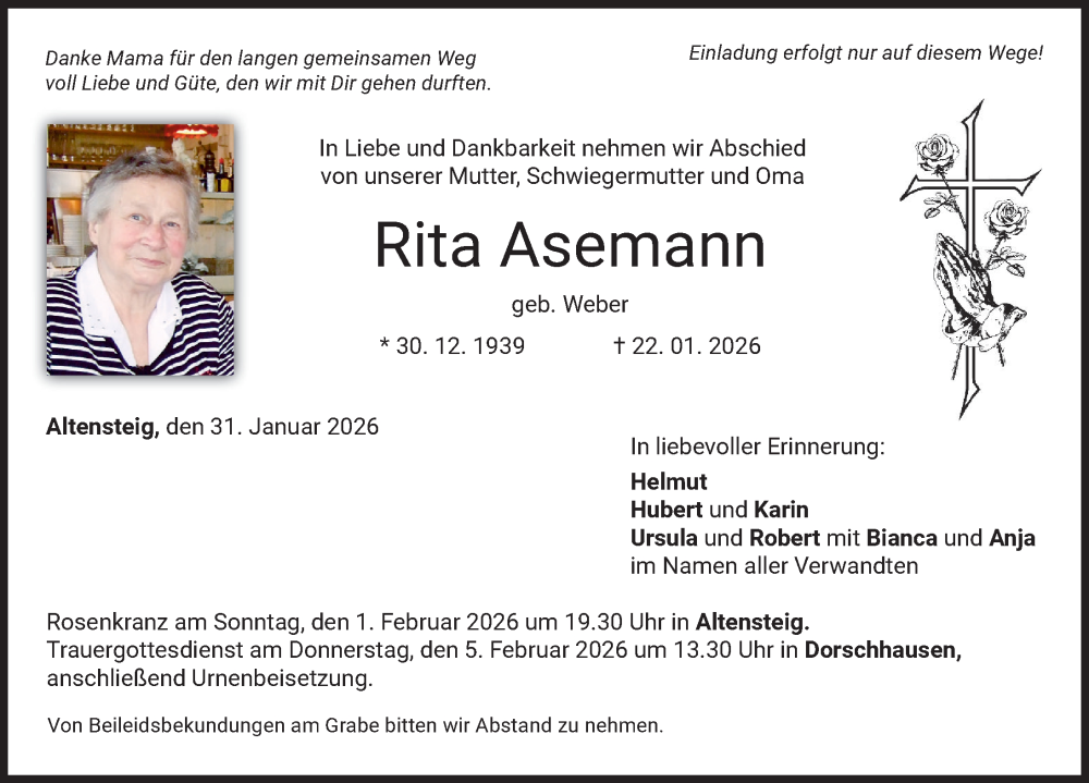  Traueranzeige für Rita Asemann vom 31.01.2026 aus Mindelheimer Zeitung