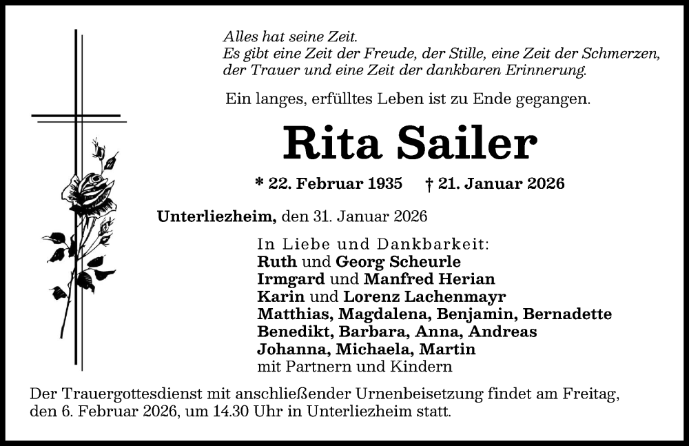  Traueranzeige für Rita Sailer vom 31.01.2026 aus Donau Zeitung