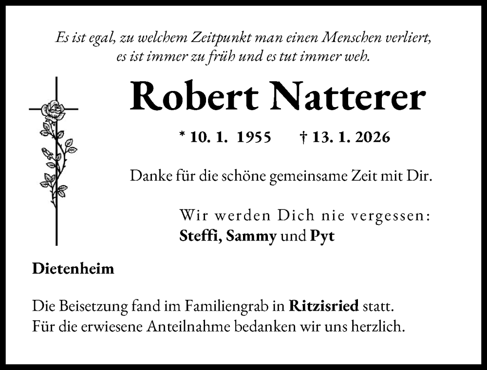  Traueranzeige für Robert Natterer vom 31.01.2026 aus Illertisser Zeitung