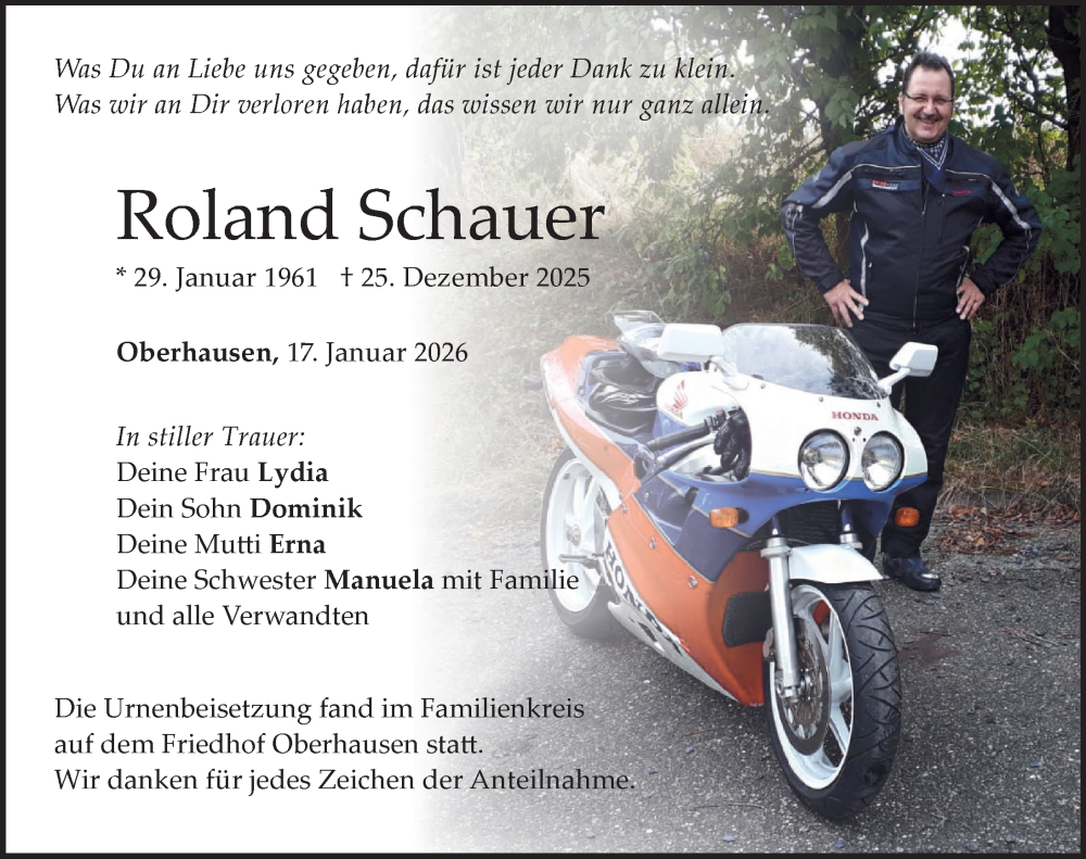  Traueranzeige für Roland Schauer vom 17.01.2026 aus Neuburger Rundschau