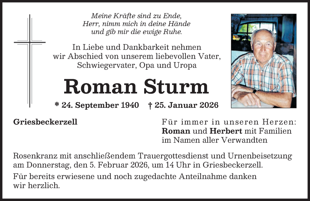  Traueranzeige für Roman Sturm vom 31.01.2026 aus Aichacher Nachrichten