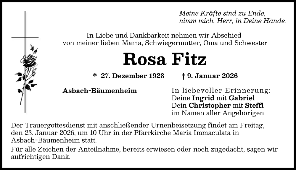 Traueranzeige für Rosa Fitz vom 19.01.2026 aus Donauwörther Zeitung