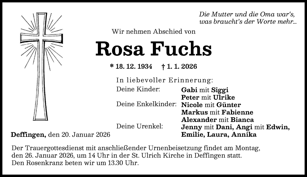  Traueranzeige für Rosa Fuchs vom 20.01.2026 aus Günzburger Zeitung
