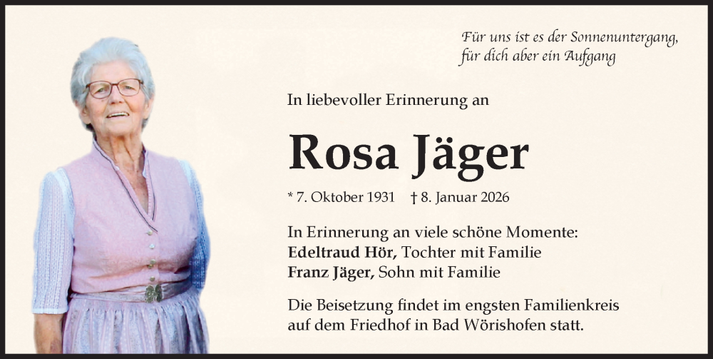  Traueranzeige für Rosa Jäger vom 24.01.2026 aus Mindelheimer Zeitung