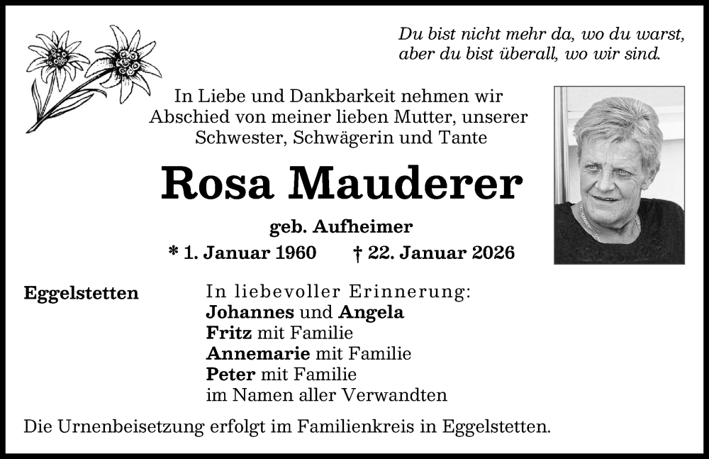  Traueranzeige für Rosa Mauderer vom 28.01.2026 aus Donauwörther Zeitung