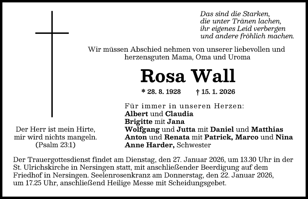  Traueranzeige für Rosa Wall vom 21.01.2026 aus Neu-Ulmer Zeitung