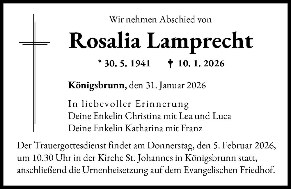  Traueranzeige für Rosalia Lamprecht vom 31.01.2026 aus Augsburger Allgemeine