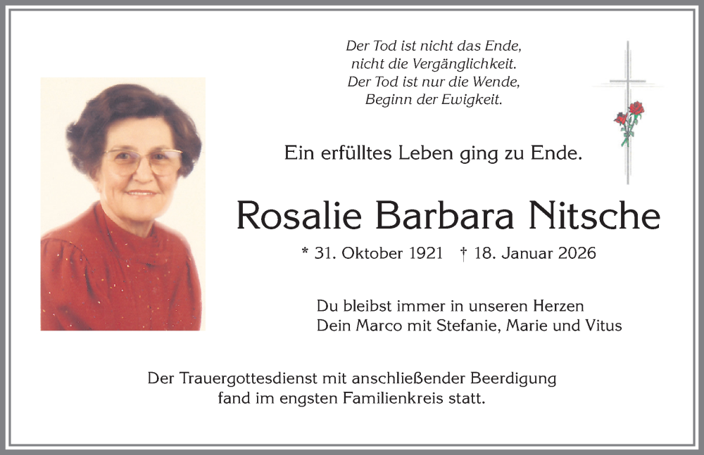  Traueranzeige für Rosalie Barbara Nitsche vom 31.01.2026 aus Mindelheimer Zeitung