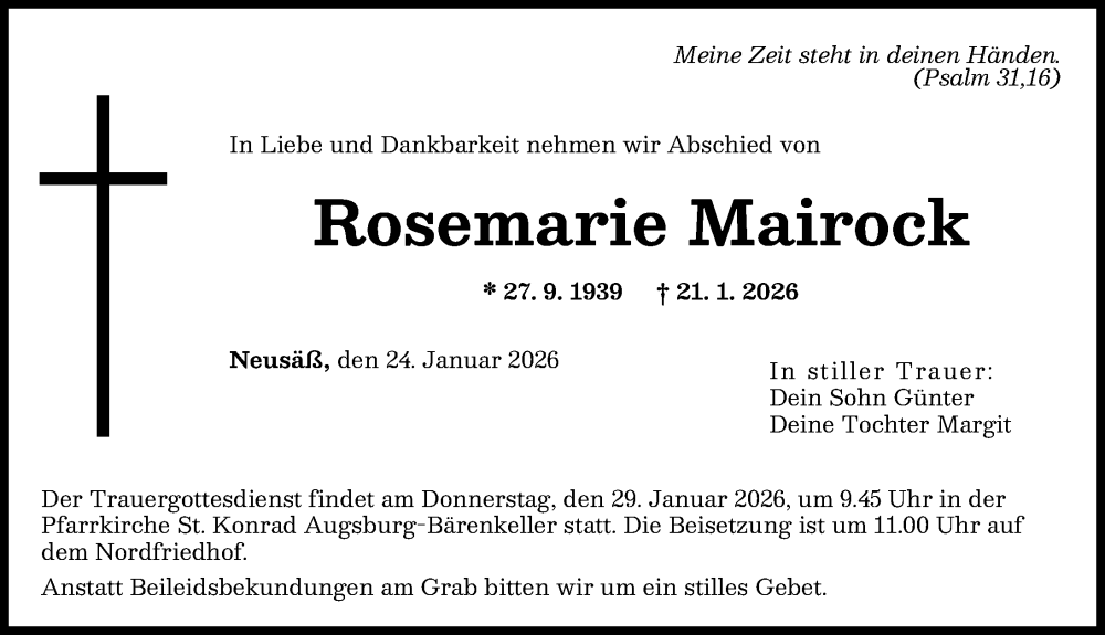  Traueranzeige für Rosemarie Mairock vom 24.01.2026 aus Augsburger Allgemeine