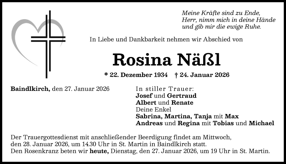  Traueranzeige für Rosina Näßl vom 27.01.2026 aus Friedberger Allgemeine