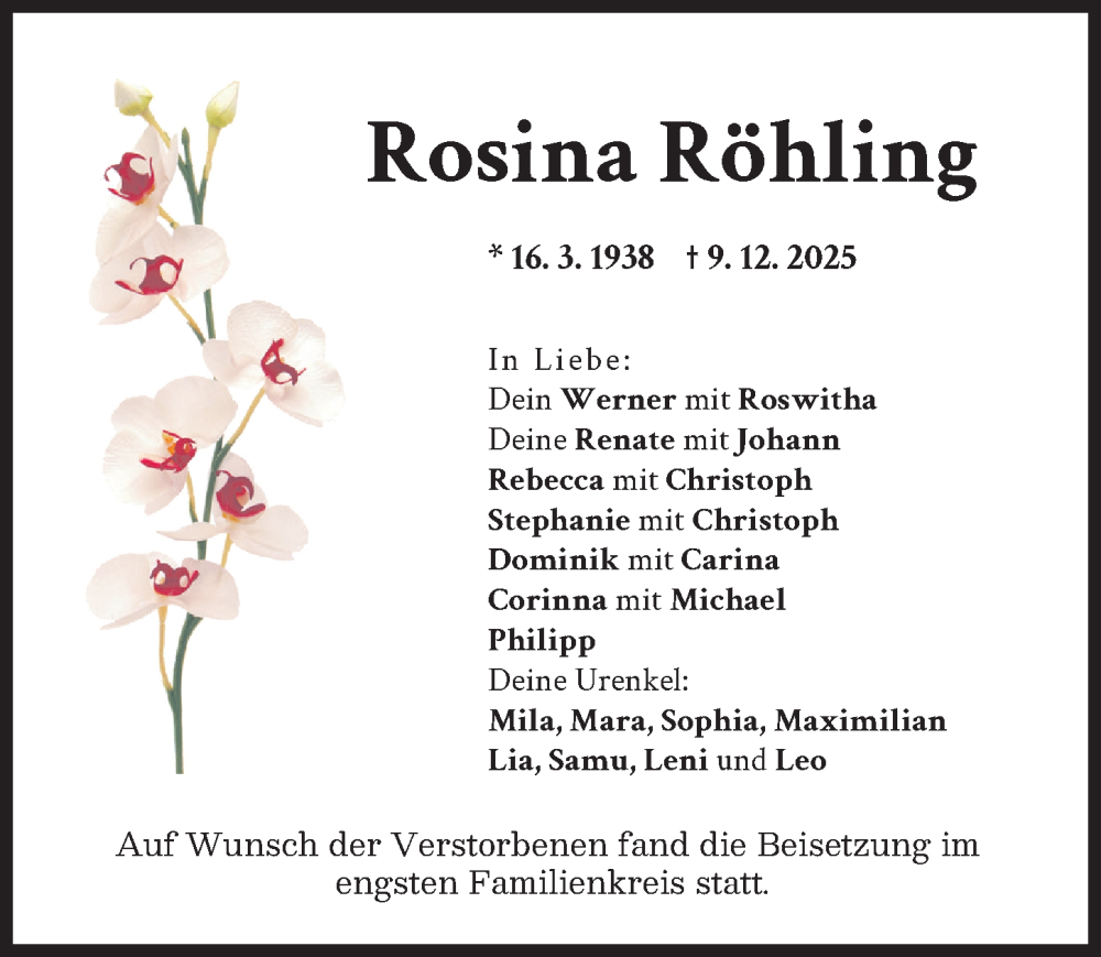 Traueranzeige von Rosina Röhling von Schwabmünchner Allgemeine