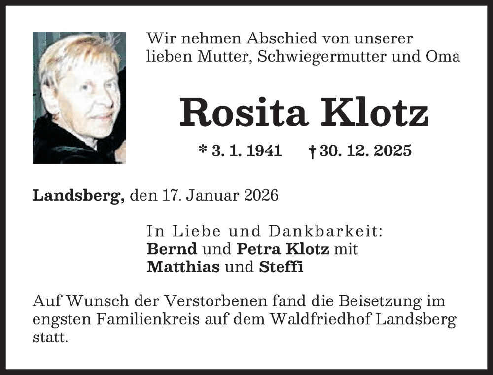  Traueranzeige für Rosita Klotz vom 17.01.2026 aus Landsberger Tagblatt