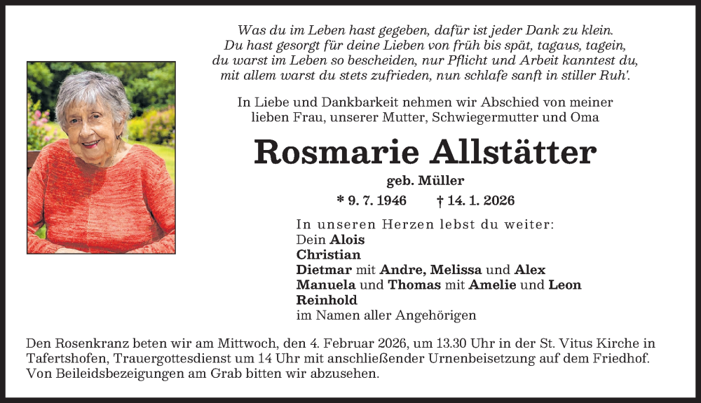  Traueranzeige für Rosmarie Allstätter vom 31.01.2026 aus Illertisser Zeitung