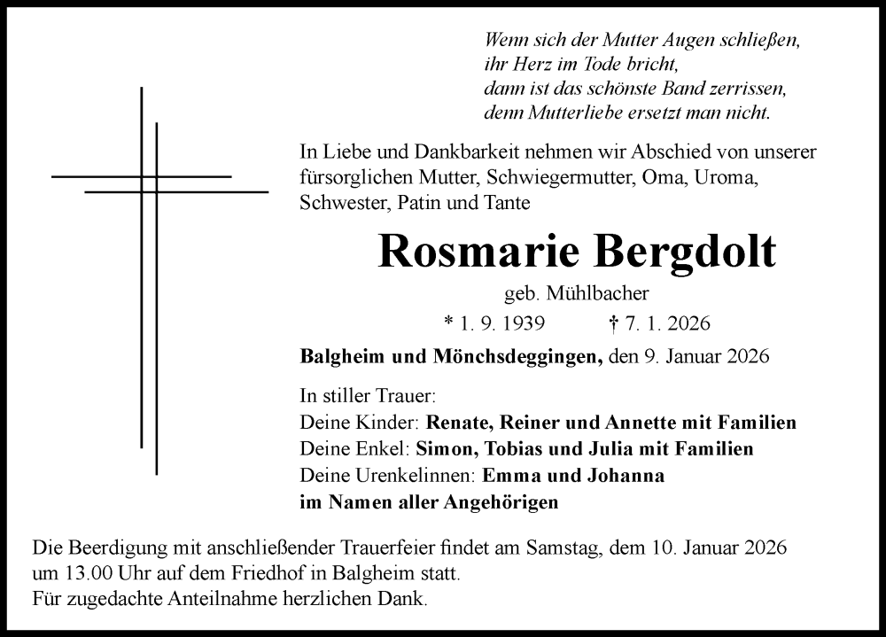  Traueranzeige für Rosmarie Bergdolt vom 09.01.2026 aus Rieser Nachrichten