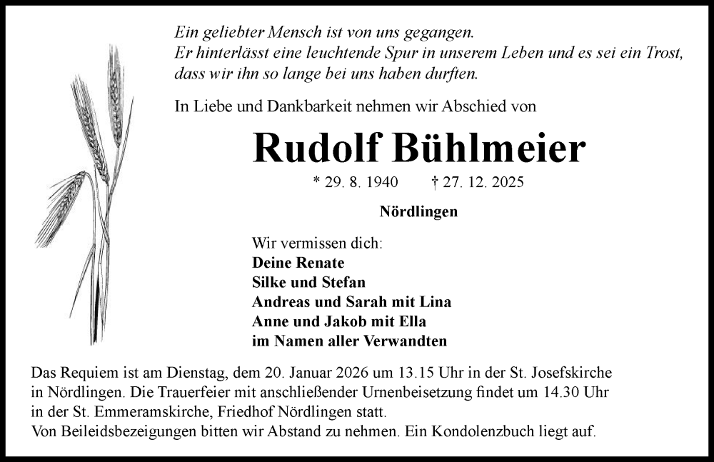  Traueranzeige für Rudolf Bühlmeier vom 17.01.2026 aus Rieser Nachrichten