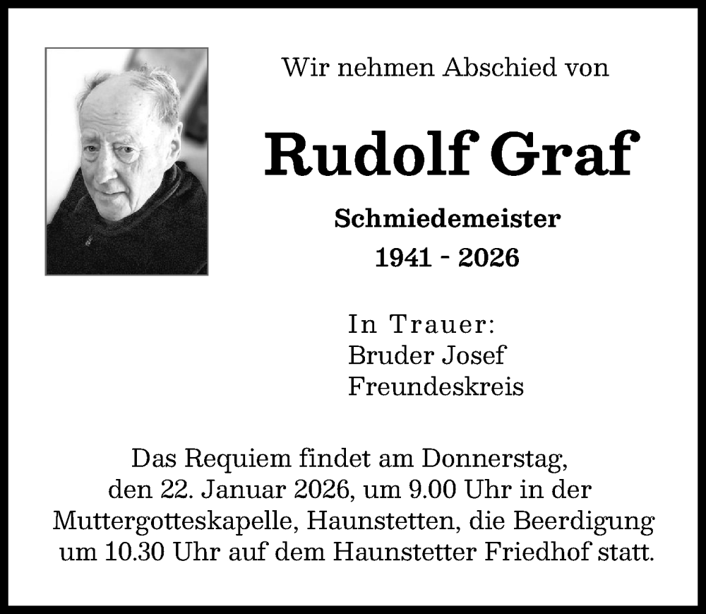  Traueranzeige für Rudolf Graf vom 17.01.2026 aus Augsburger Allgemeine