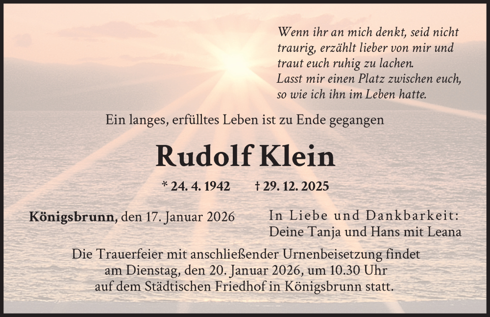  Traueranzeige für Rudolf Klein vom 17.01.2026 aus Augsburger Allgemeine