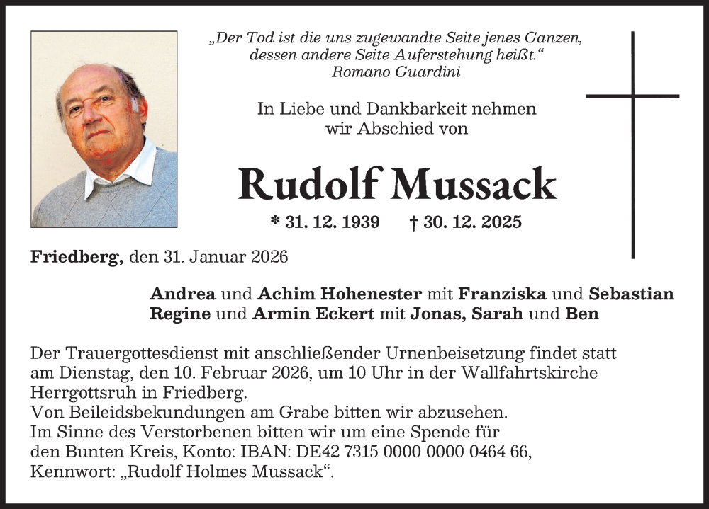  Traueranzeige für Rudolf Mussack vom 31.01.2026 aus Augsburger Allgemeine, Friedberger Allgemeine
