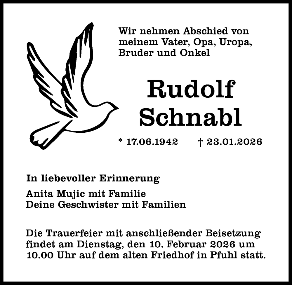  Traueranzeige für Rudolf Schnabl vom 31.01.2026 aus Neu-Ulmer Zeitung, Augsburger Allgemeine
