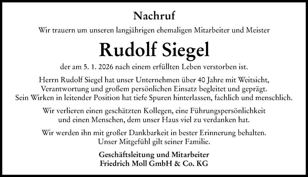  Traueranzeige für Rudolf Siegel vom 31.01.2026 aus Rieser Nachrichten