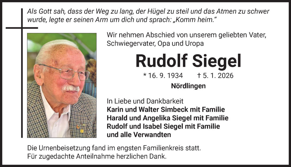  Traueranzeige für Rudolf Siegel vom 31.01.2026 aus Rieser Nachrichten