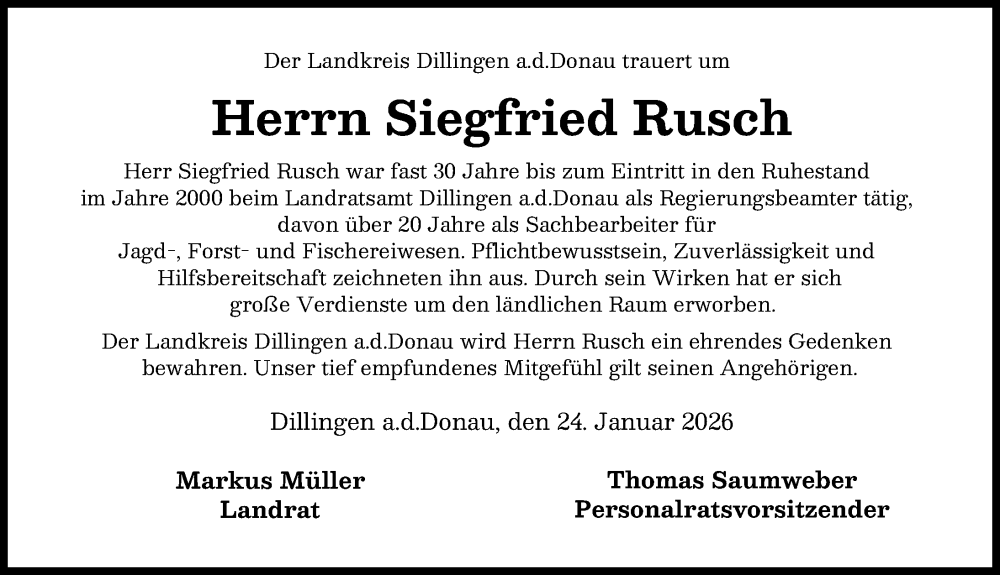 Traueranzeige von Siegfried Rusch von Donau Zeitung