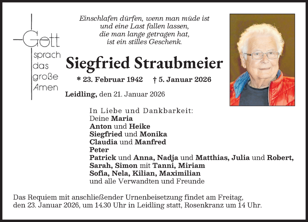  Traueranzeige für Siegfried Straubmeier vom 21.01.2026 aus Neuburger Rundschau