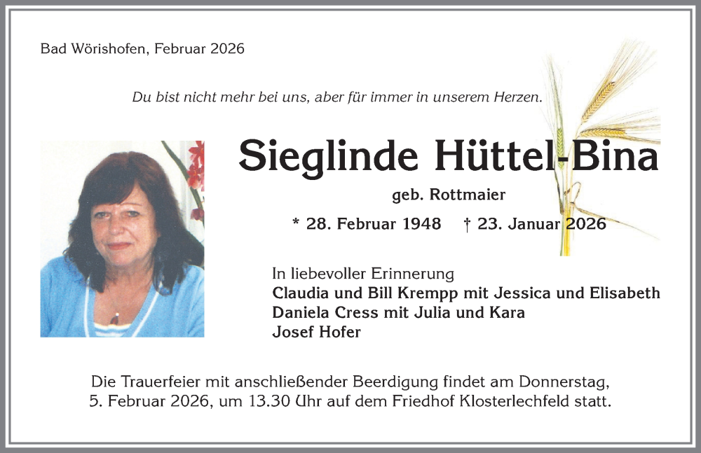  Traueranzeige für Sieglinde Hüttel-Bina vom 31.01.2026 aus Schwabmünchner Allgemeine