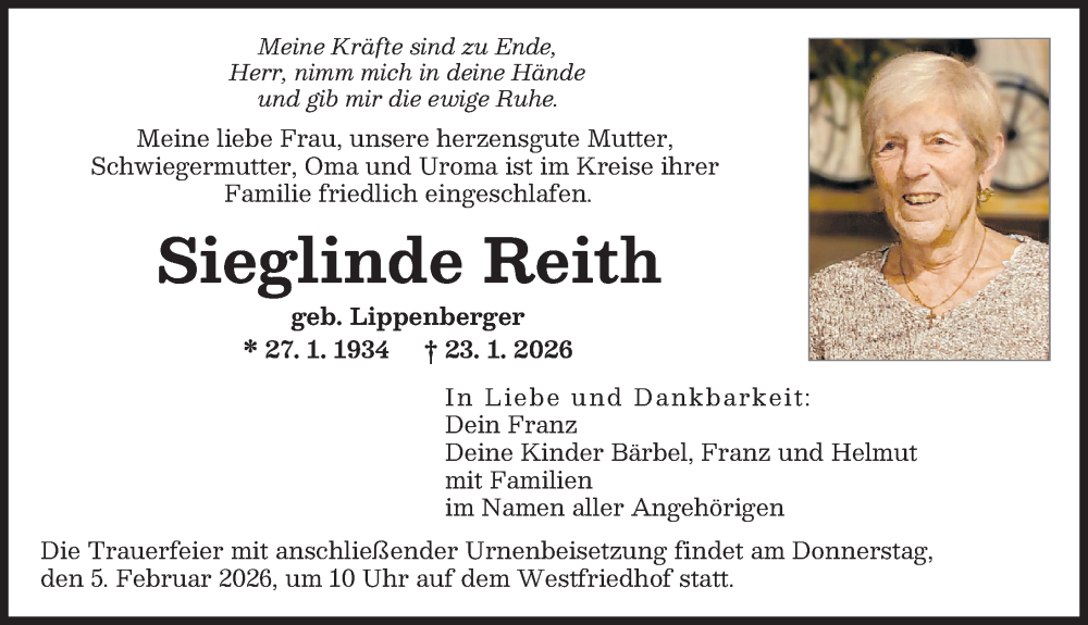  Traueranzeige für Sieglinde Reith vom 31.01.2026 aus Augsburger Allgemeine