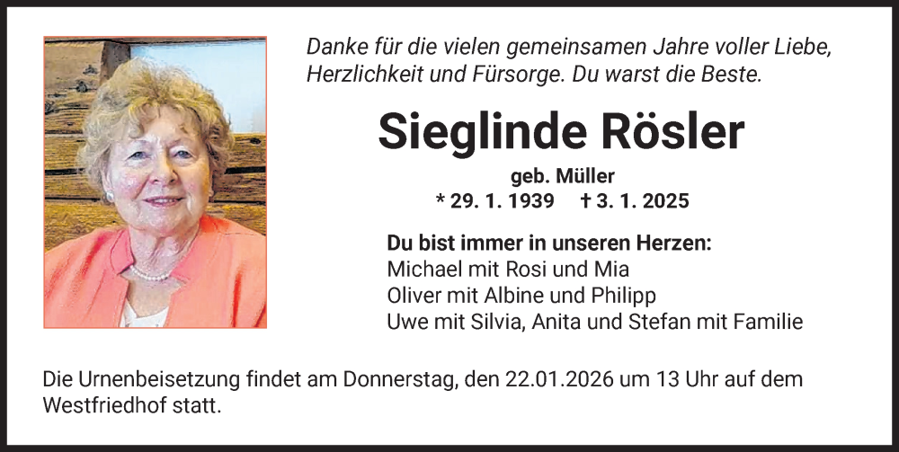 Traueranzeige für Sieglinde Rösler vom 17.01.2026 aus Augsburger Allgemeine
