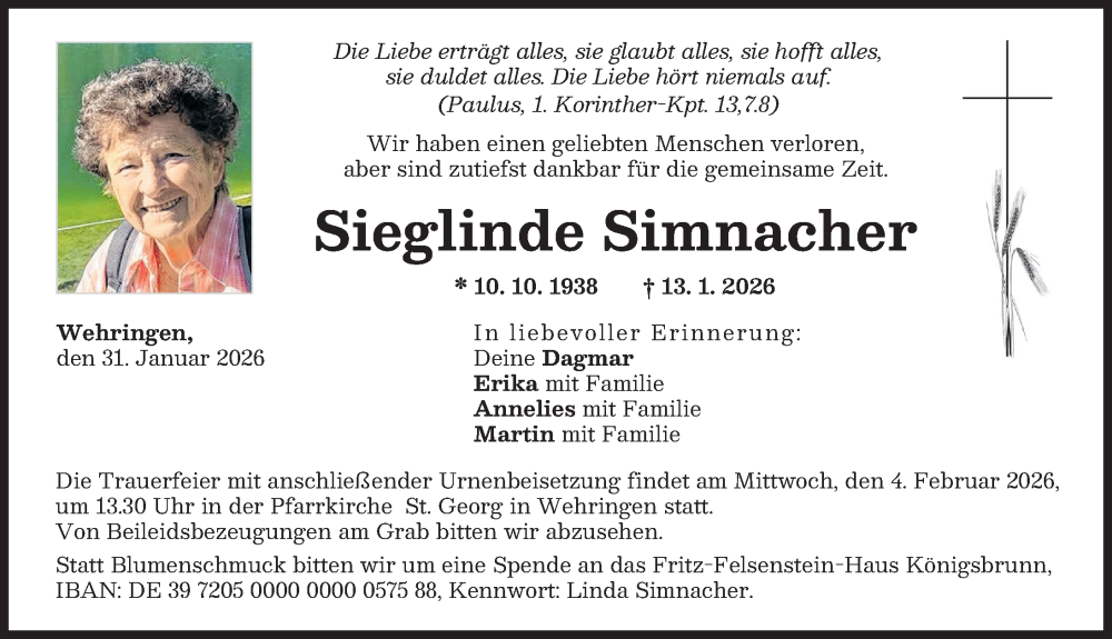  Traueranzeige für Sieglinde Simnacher vom 31.01.2026 aus Schwabmünchner Allgemeine
