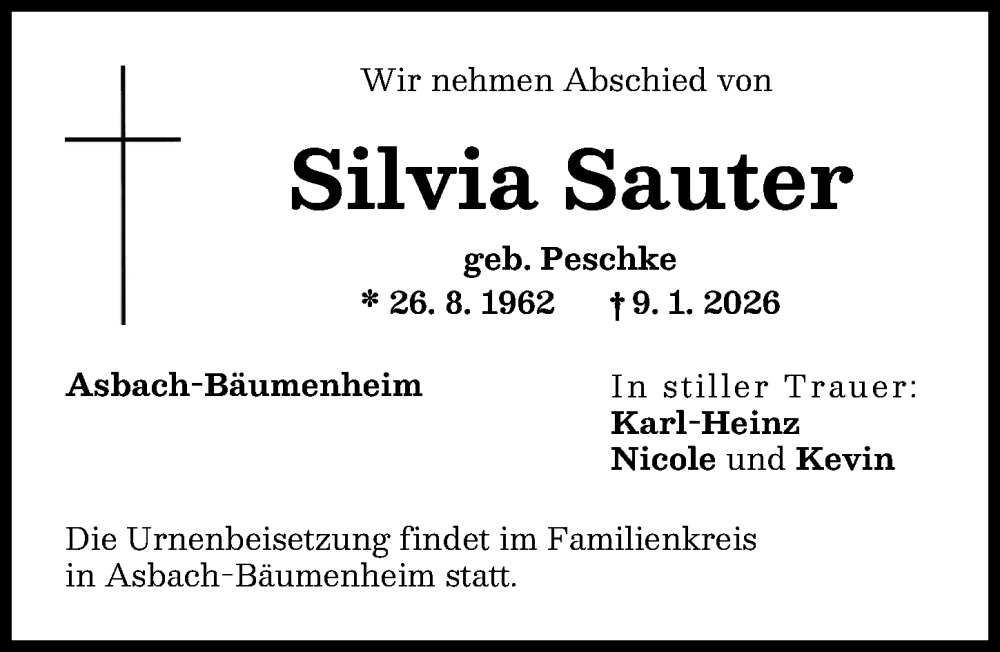  Traueranzeige für Silvia Sauter vom 23.01.2026 aus Donauwörther Zeitung