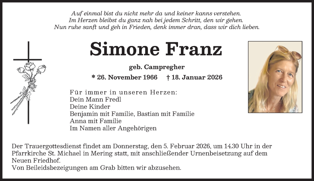  Traueranzeige für Simone Franz vom 31.01.2026 aus Augsburger Allgemeine